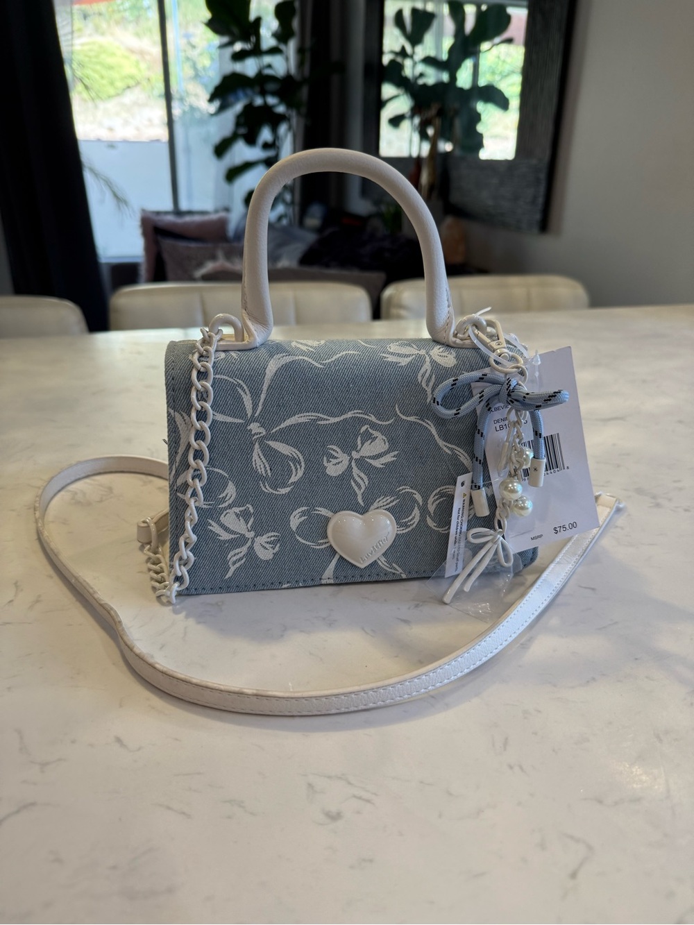 Small Floral Heart Crossbody Bag in Light Blue and White
